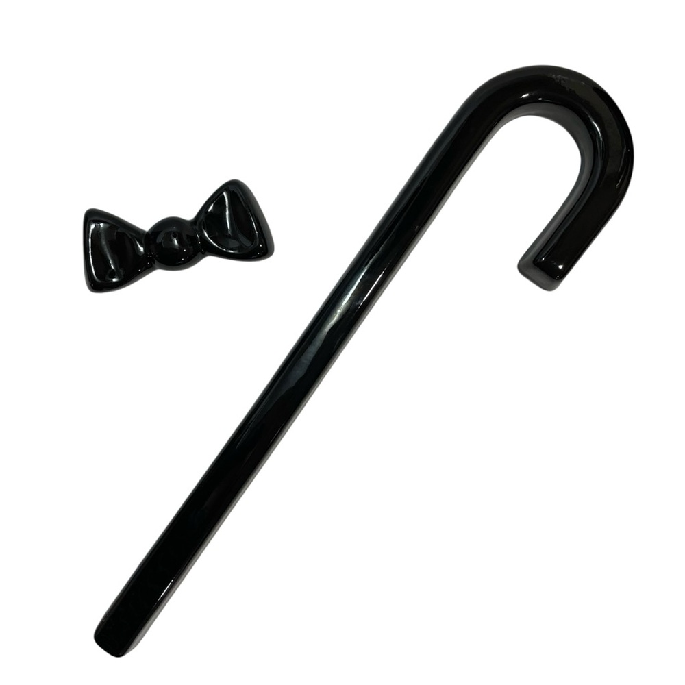 Vintage 1980s Ceramic Wall Plaque Shaped Like Cane and Bowtie Glossy Black Decor